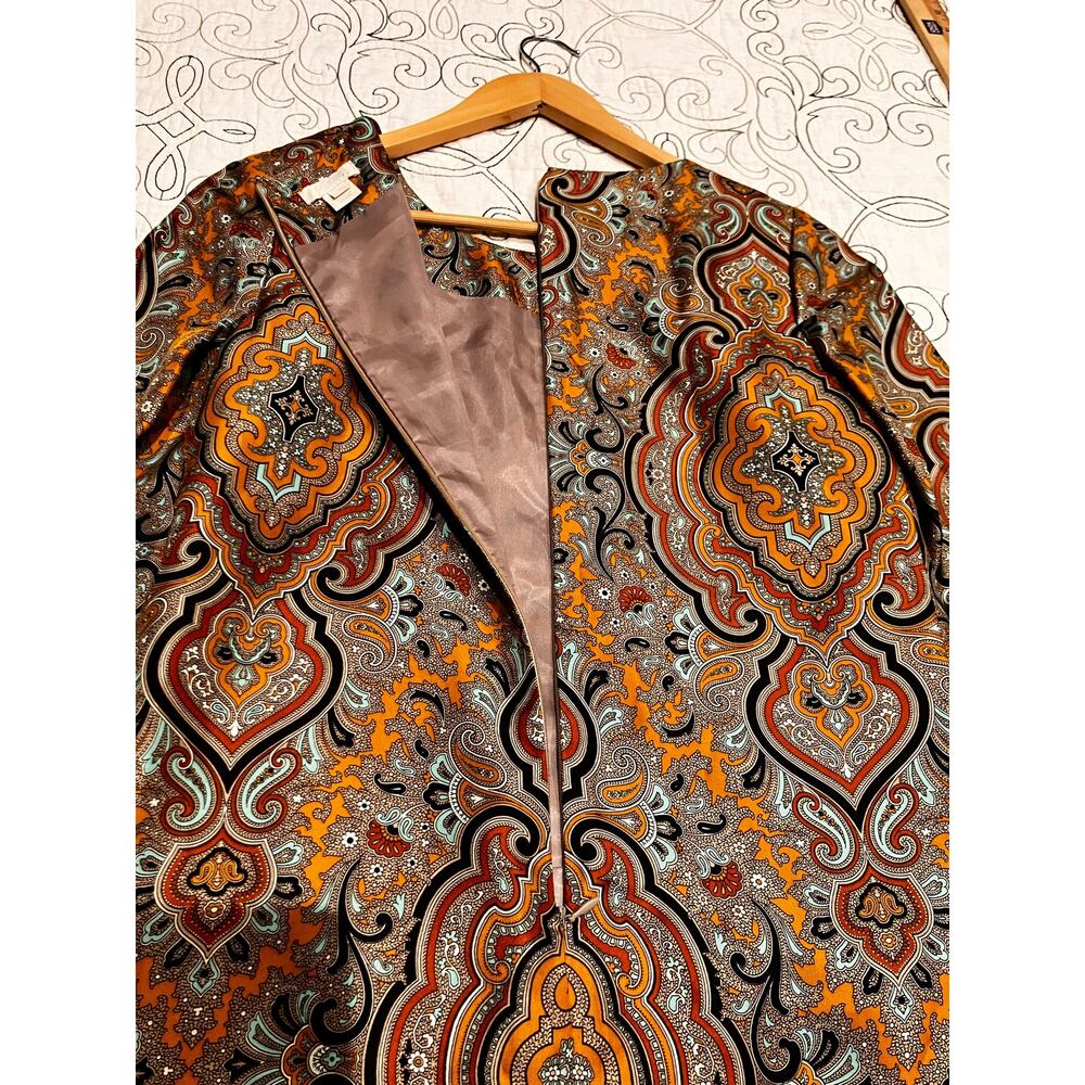 J. Crew Silk Dress Sz 0 Brown Tan Black 3/4 Sleeves Pockets Zip Up Shift Pattern - Picture 7 of 8